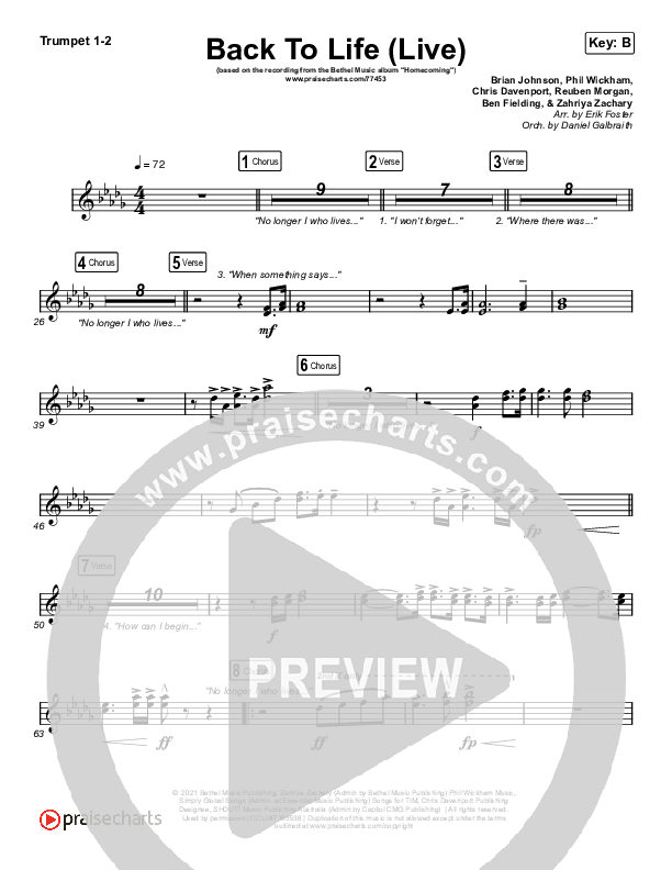 Back To Life (Live) Trumpet 1,2 (Bethel Music / Zahriya Zachary)