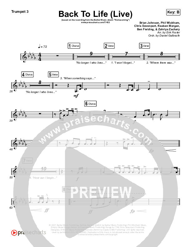 Back To Life (Live) Trumpet 3 (Bethel Music / Zahriya Zachary)