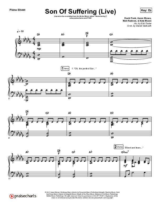 Son Of Suffering (Live) Piano Sheet (Bethel Music / David Funk / Matt Redman)