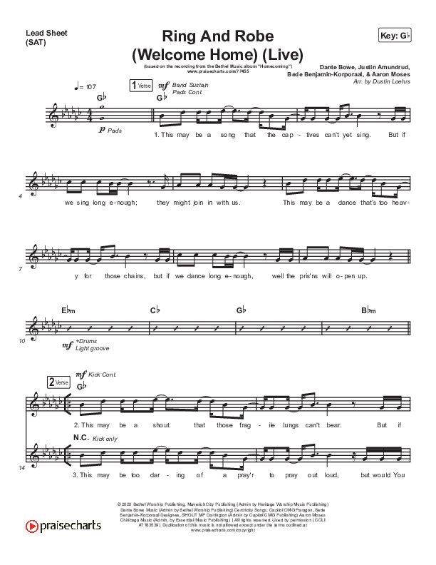 Ring And Robe (Welcome Home) (Live) Lead Sheet (SAT) (Bethel Music / Dante Bowe / Naomi Raine)