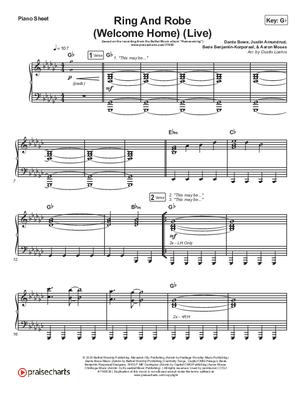 Ring And Robe (Welcome Home) (Live) Piano Sheet (Bethel Music / Dante Bowe / Naomi Raine)
