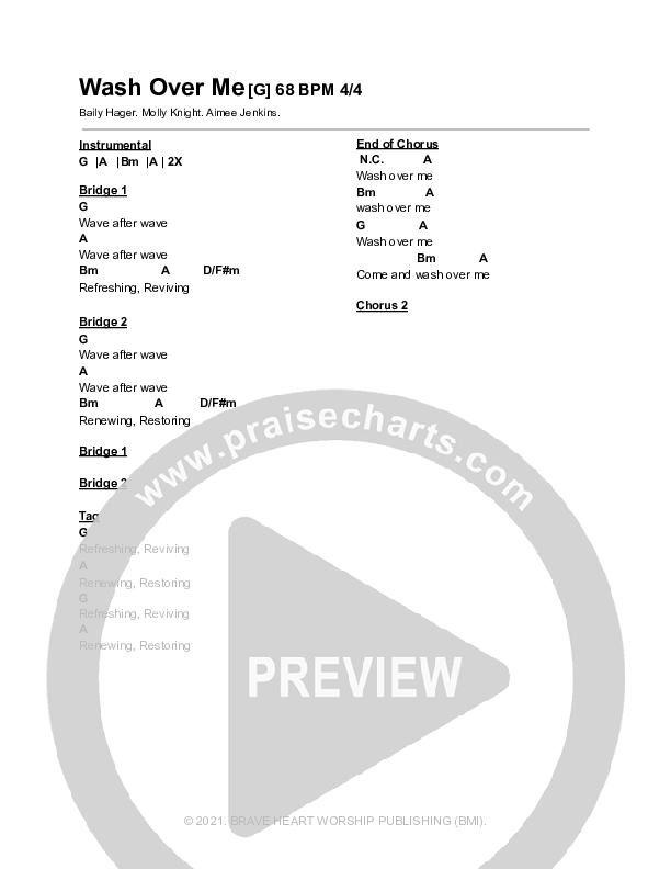 Wash Over Me Chord Chart (Baily Hager / Brave Worship)