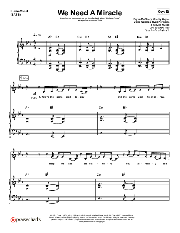 We Need A Miracle Piano/Vocal (SATB) (Charity Gayle)