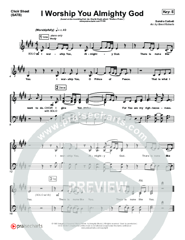 I Worship You Almighty God Choir Sheet (SATB) (Charity Gayle)