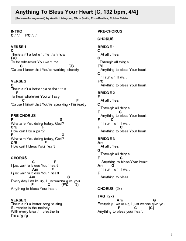 Anything To Bless Your Heart Chord Chart (Crossroads Music)