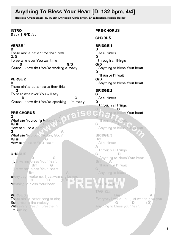 Anything To Bless Your Heart Chord Chart (Crossroads Music)