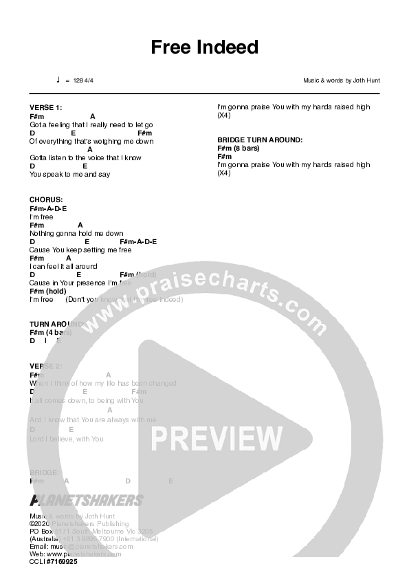Free Indeed (Live) Chord Chart (Planetshakers)