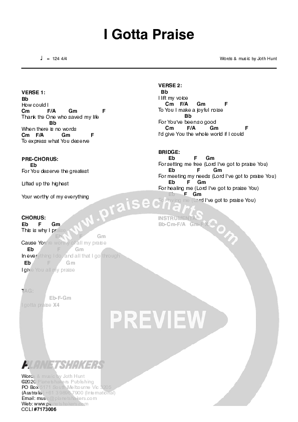 I Gotta Praise (Live) Chord Chart (Planetshakers)