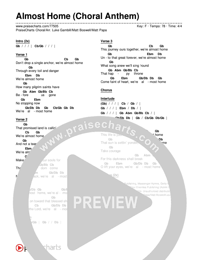 Almost Home (Choral Anthem SATB) Chords & Lyrics (Matt Boswell / Matt Papa / Arr. Luke Gambill)