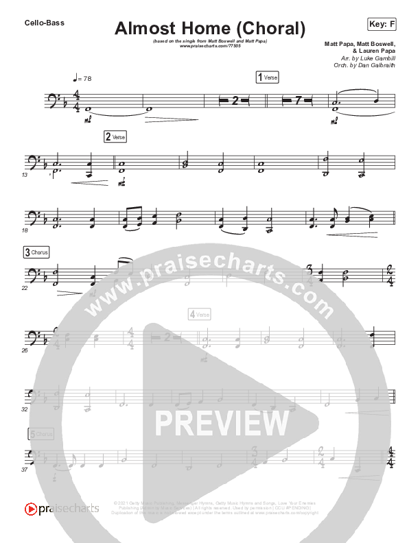 Almost Home (Choral Anthem SATB) Cello/Bass (Matt Boswell / Matt Papa / Arr. Luke Gambill)