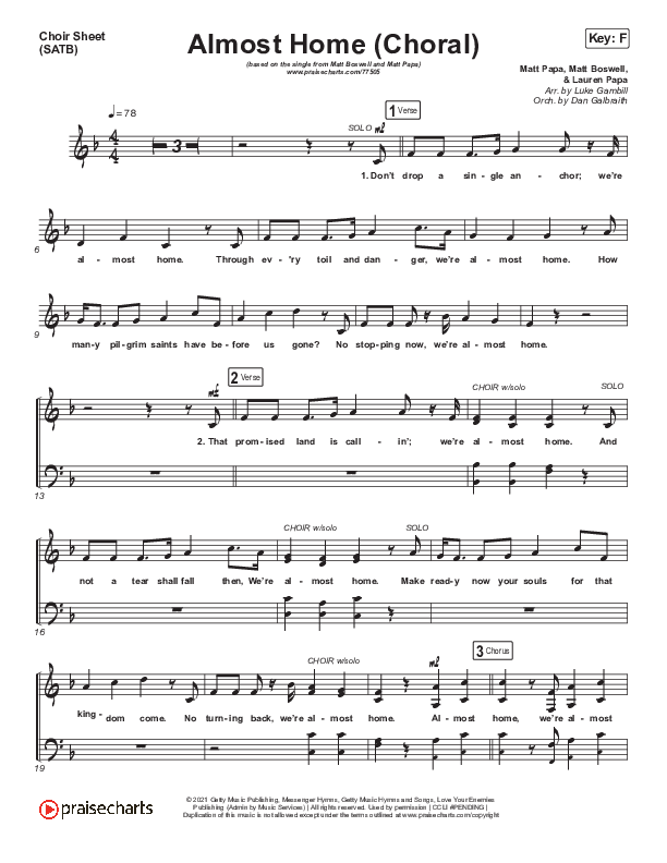 Almost Home (Choral Anthem SATB) Choir Sheet (SATB) (Matt Boswell / Matt Papa / Arr. Luke Gambill)