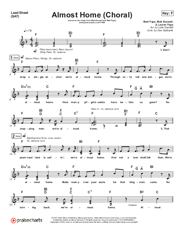 Almost Home (Choral Anthem SATB) Lead Sheet (SAT) (Matt Boswell / Matt Papa / Arr. Luke Gambill)