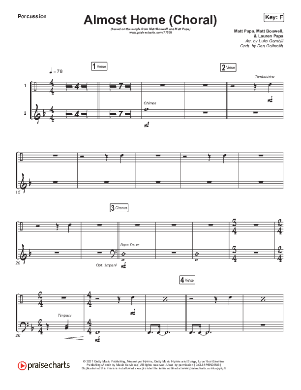 Almost Home (Choral Anthem SATB) Percussion (Matt Boswell / Matt Papa / Arr. Luke Gambill)