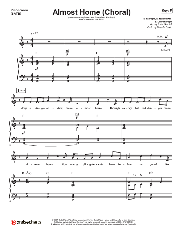 Almost Home (Choral Anthem) Piano/Vocal (SATB) (PraiseCharts Choral / Arr. Luke Gambill / Matt Boswell / Matt Papa)