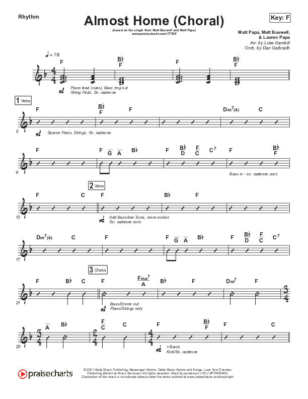 Almost Home (Choral Anthem SATB) Rhythm Chart (Matt Boswell / Matt Papa / Arr. Luke Gambill)