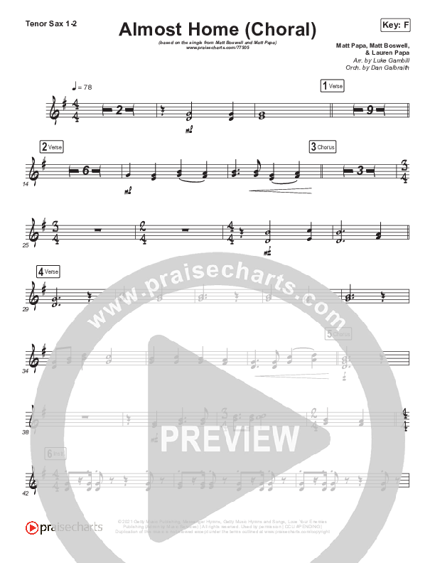 Almost Home (Choral Anthem SATB) Tenor Sax 1/2 (Matt Boswell / Matt Papa / Arr. Luke Gambill)