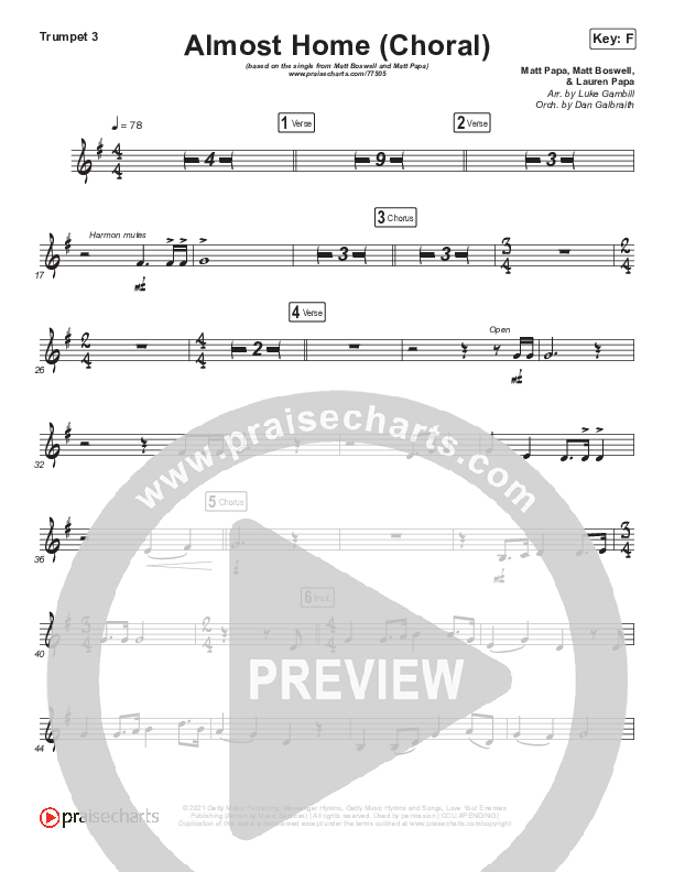 Almost Home (Choral Anthem SATB) Trumpet 3 (Matt Boswell / Matt Papa / Arr. Luke Gambill)