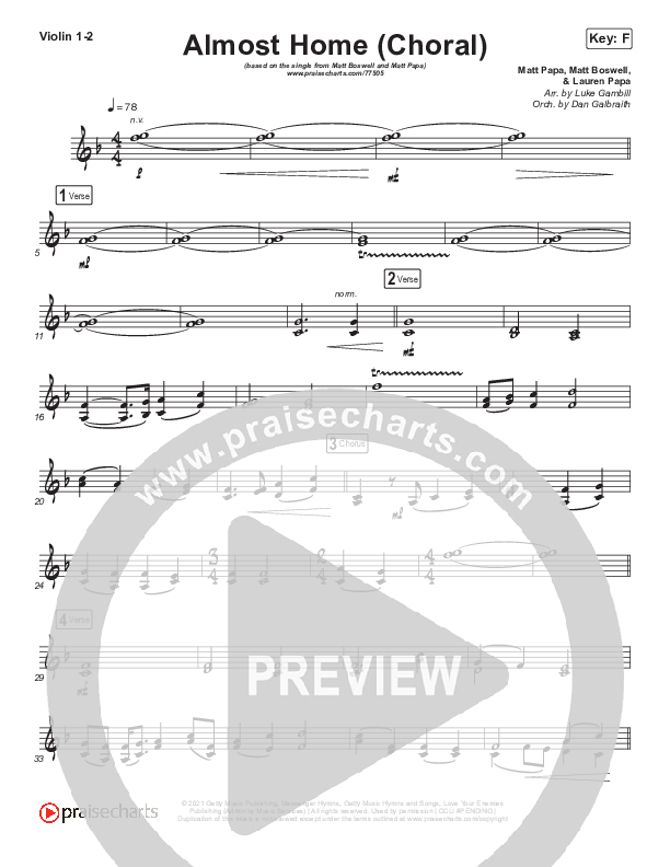 Almost Home (Choral Anthem SATB) Violin 1/2 (Matt Boswell / Matt Papa / Arr. Luke Gambill)