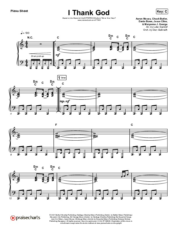 I Thank God (Choral Anthem SATB) Piano Sheet (Maverick City Music / Dante Bowe / Aaron Moses / Maryanne J. George / Chuck Butler / Arr. Luke Gambill)