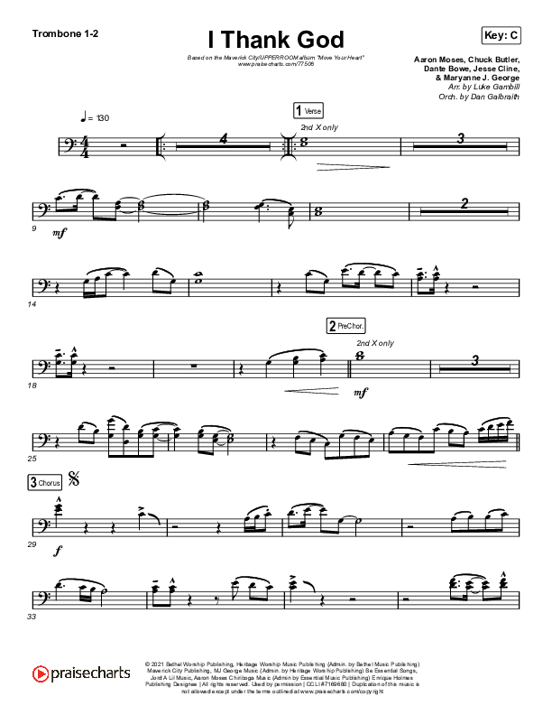I Thank God (Choral Anthem SATB) Trombone 1/2 (Maverick City Music / Dante Bowe / Aaron Moses / Maryanne J. George / Chuck Butler / Arr. Luke Gambill)