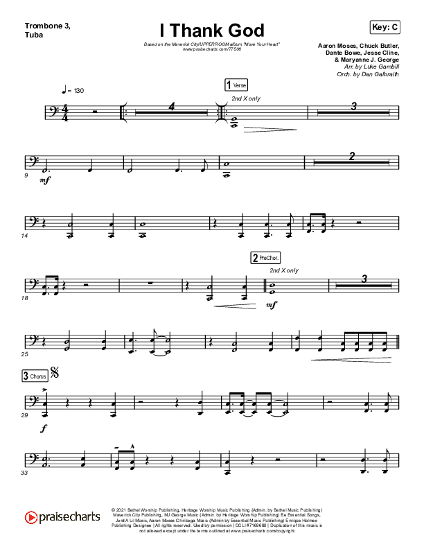I Thank God (Choral Anthem SATB) Trombone 3/Tuba (Maverick City Music / Dante Bowe / Aaron Moses / Maryanne J. George / Chuck Butler / Arr. Luke Gambill)