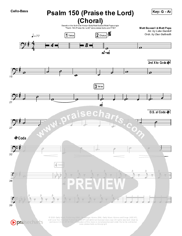 Psalm 150 (Praise The Lord) (Choral Anthem SATB) Cello/Bass (Matt Boswell / Matt Papa / Keith & Kristyn Getty / Arr. Luke Gambill)