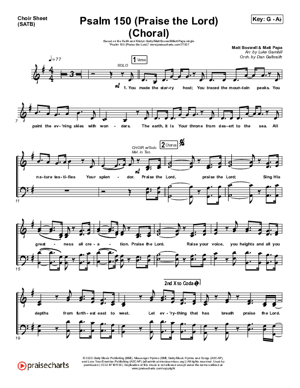 Psalm 150 (Praise The Lord) (Choral Anthem SATB) Choir Sheet (SATB) (Matt Boswell / Matt Papa / Keith & Kristyn Getty / Arr. Luke Gambill)