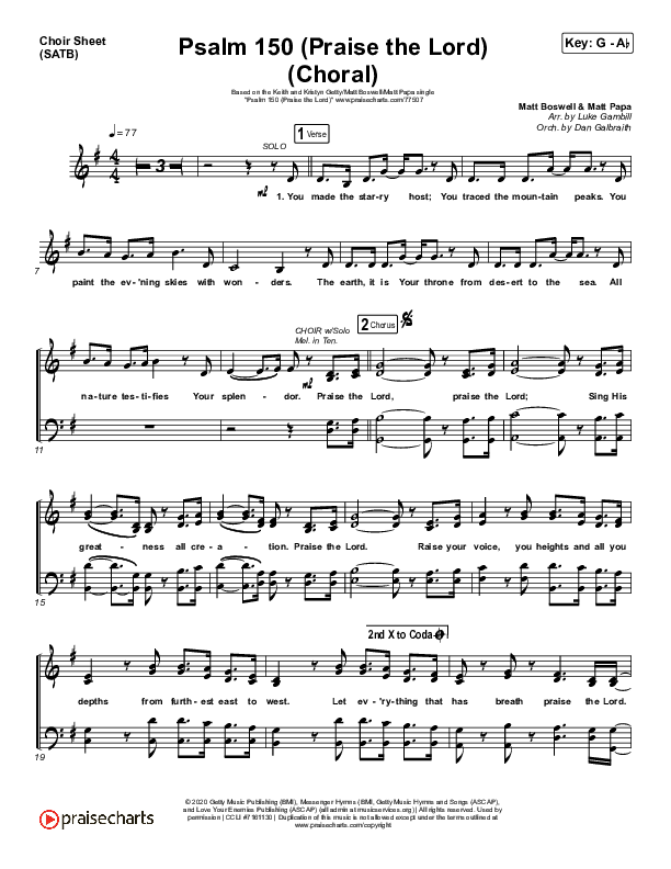 Psalm 150 (Praise The Lord) (Choral Anthem SATB) Choir Vocals (SATB) (Matt Boswell / Matt Papa / Keith & Kristyn Getty / Arr. Luke Gambill)