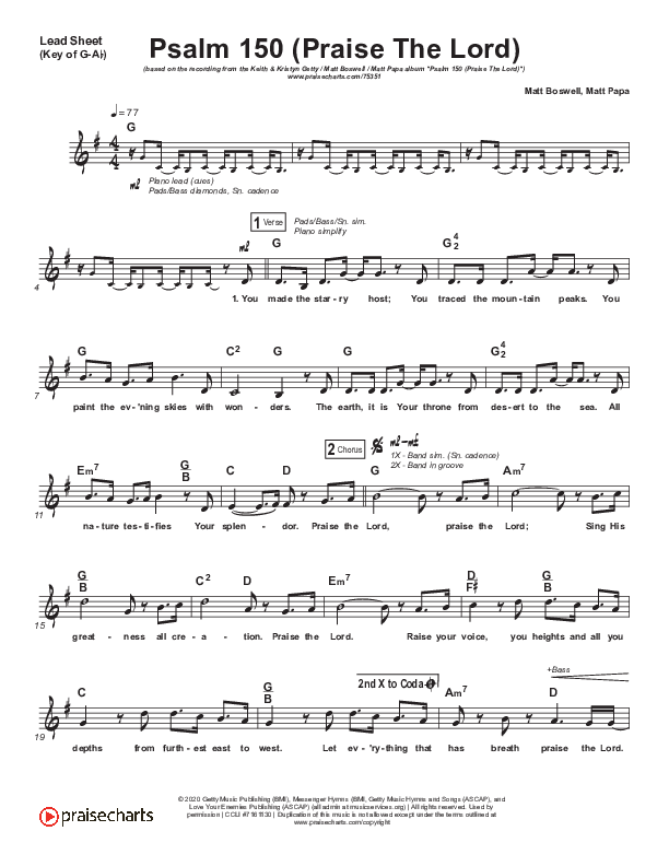 Psalm 150 (Praise The Lord) (Choral Anthem SATB) Lead Sheet (Melody) (Matt Boswell / Matt Papa / Keith & Kristyn Getty / Arr. Luke Gambill)