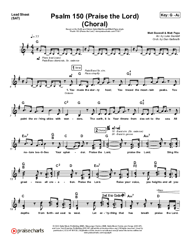 Psalm 150 (Praise The Lord) (Choral Anthem SATB) Lead Sheet (SAT) (Matt Boswell / Matt Papa / Keith & Kristyn Getty / Arr. Luke Gambill)