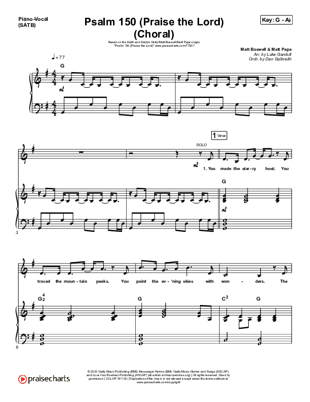 Psalm 150 (Praise The Lord) (Choral Anthem SATB) Piano/Vocal (SATB) (Matt Boswell / Matt Papa / Keith & Kristyn Getty / Arr. Luke Gambill)