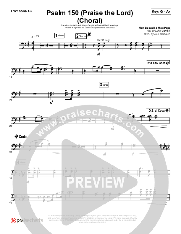 Psalm 150 (Praise The Lord) (Choral Anthem SATB) Trombone 1/2 (Matt Boswell / Matt Papa / Keith & Kristyn Getty / Arr. Luke Gambill)