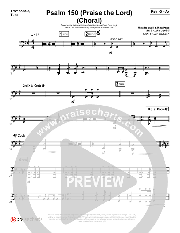 Psalm 150 (Praise The Lord) (Choral Anthem SATB) Trombone 3/Tuba (Matt Boswell / Matt Papa / Keith & Kristyn Getty / Arr. Luke Gambill)