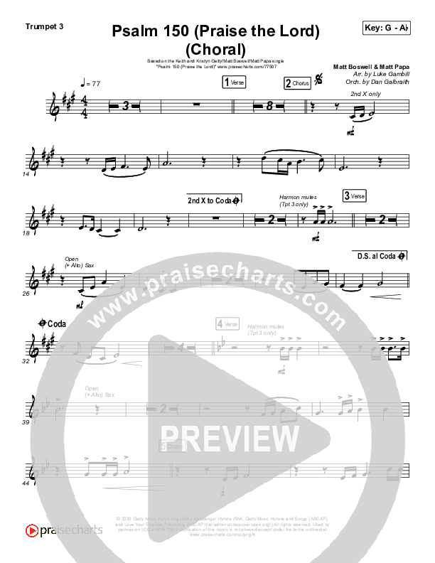 Psalm 150 (Praise The Lord) (Choral Anthem SATB) Trumpet 3 (Matt Boswell / Matt Papa / Keith & Kristyn Getty / Arr. Luke Gambill)