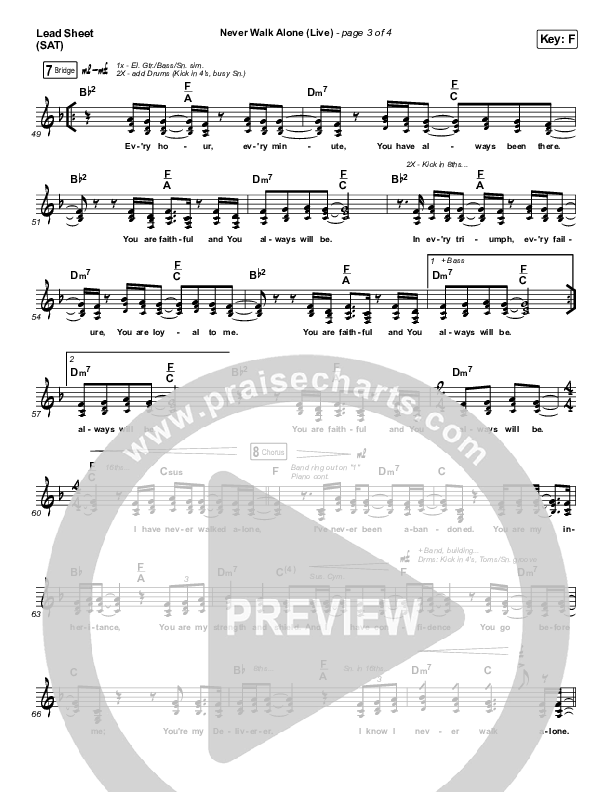 Never Walk Alone (Live) Lead Sheet (SAT) (Hillsong Worship)