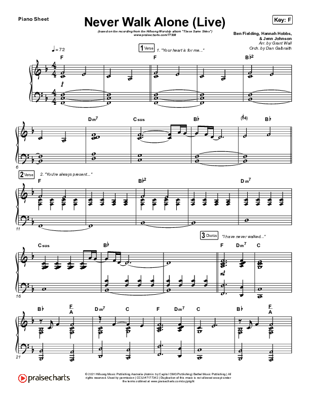 Never Walk Alone (Live) Piano Sheet (Hillsong Worship)
