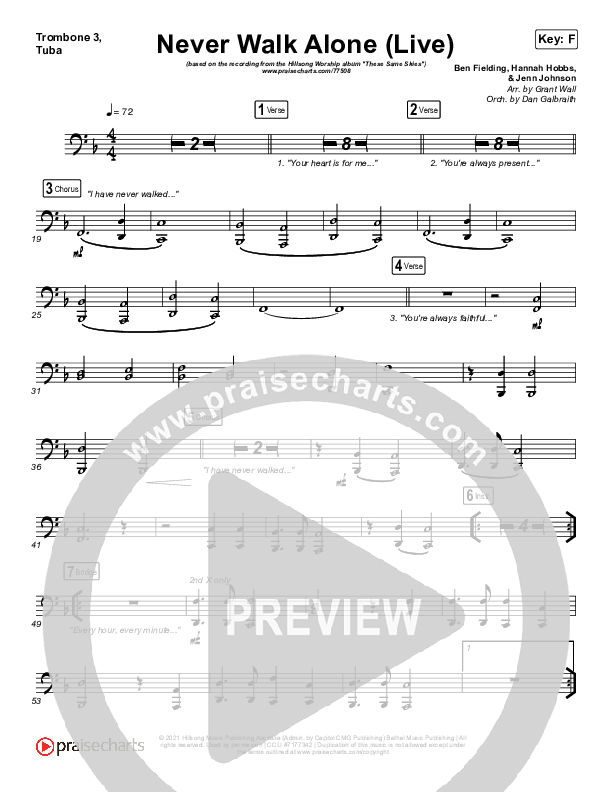Never Walk Alone (Live) Trombone 3/Tuba (Hillsong Worship)