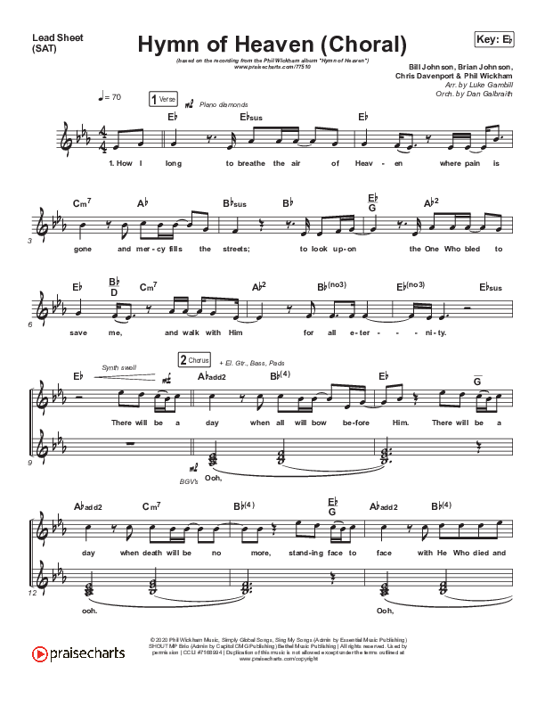 Hymn Of Heaven (Choral Anthem SATB) Lead Sheet (SAT) (Phil Wickham / Arr. Luke Gambill)