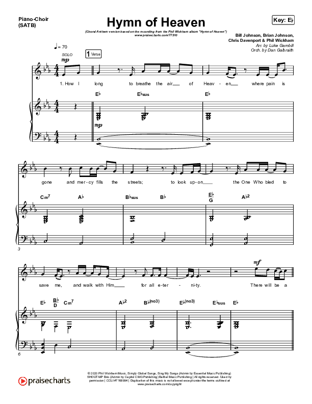 Hymn Of Heaven (Choral Anthem SATB) Piano/Choir (SATB) (Phil Wickham / Arr. Luke Gambill)