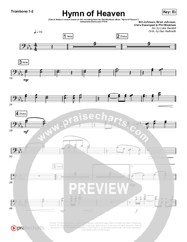 Hymn Of Heaven (Choral Anthem SATB) Trombone 1/2 (Phil Wickham / Arr. Luke Gambill)