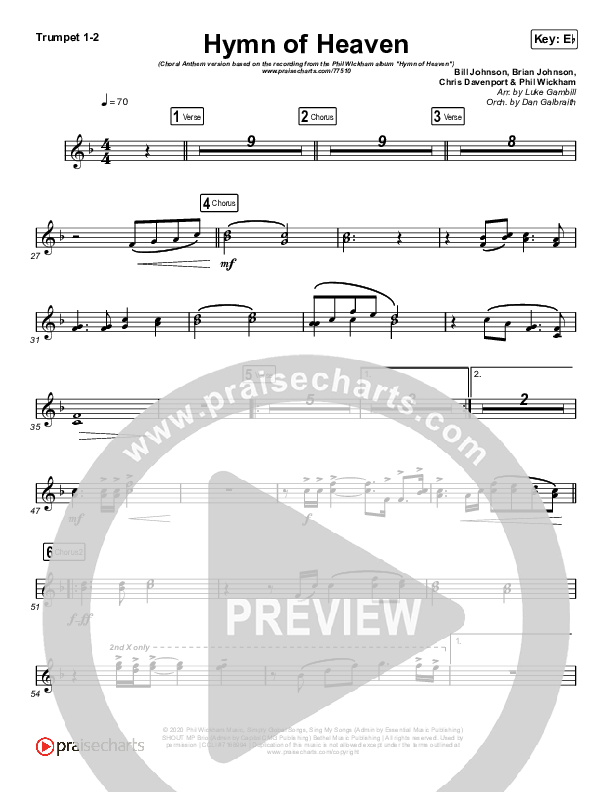 Hymn Of Heaven (Choral Anthem SATB) Trumpet 1,2 (Phil Wickham / Arr. Luke Gambill)