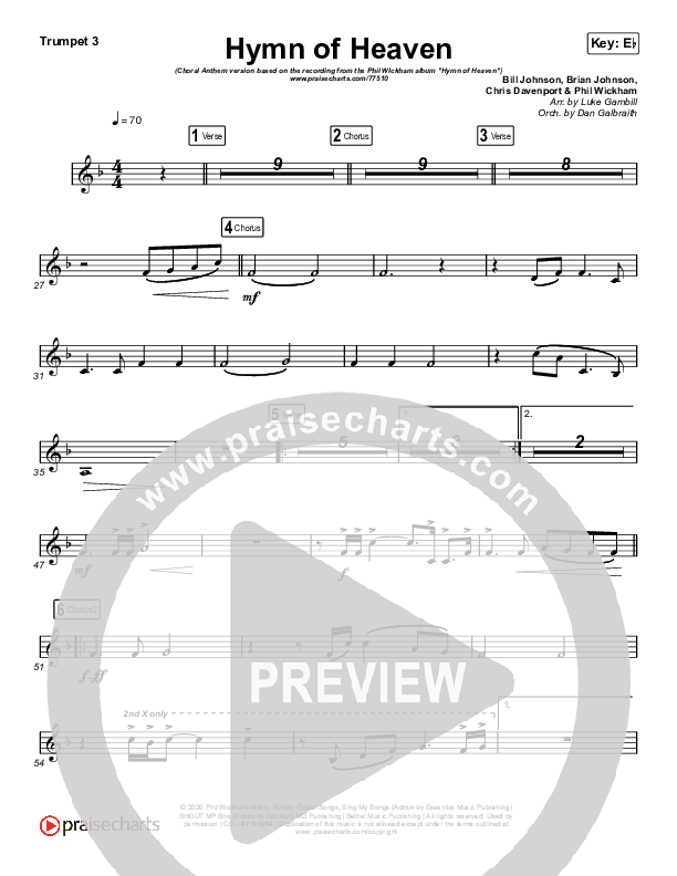 Hymn Of Heaven (Choral Anthem SATB) Trumpet 3 (Phil Wickham / Arr. Luke Gambill)