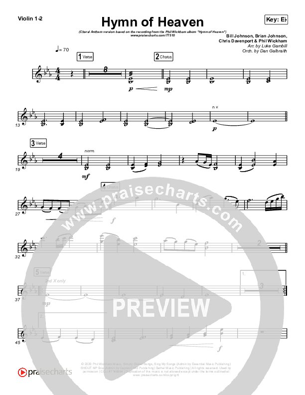 Hymn Of Heaven (Choral Anthem SATB) Violin 1/2 (Phil Wickham / Arr. Luke Gambill)