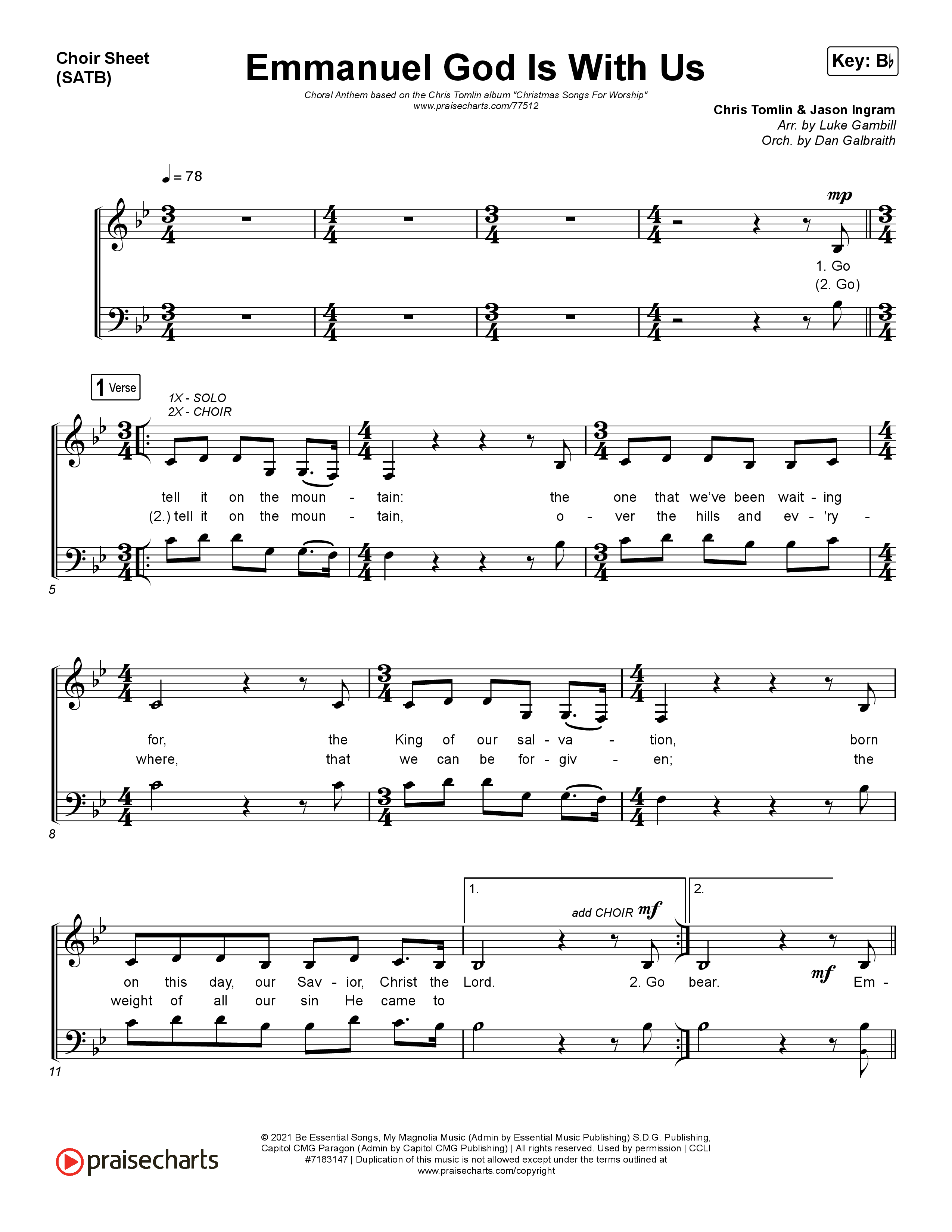 Emmanuel God With Us (Choral Anthem SATB) Choir Vocals (SATB) (Chris Tomlin / Arr. Luke Gambill)