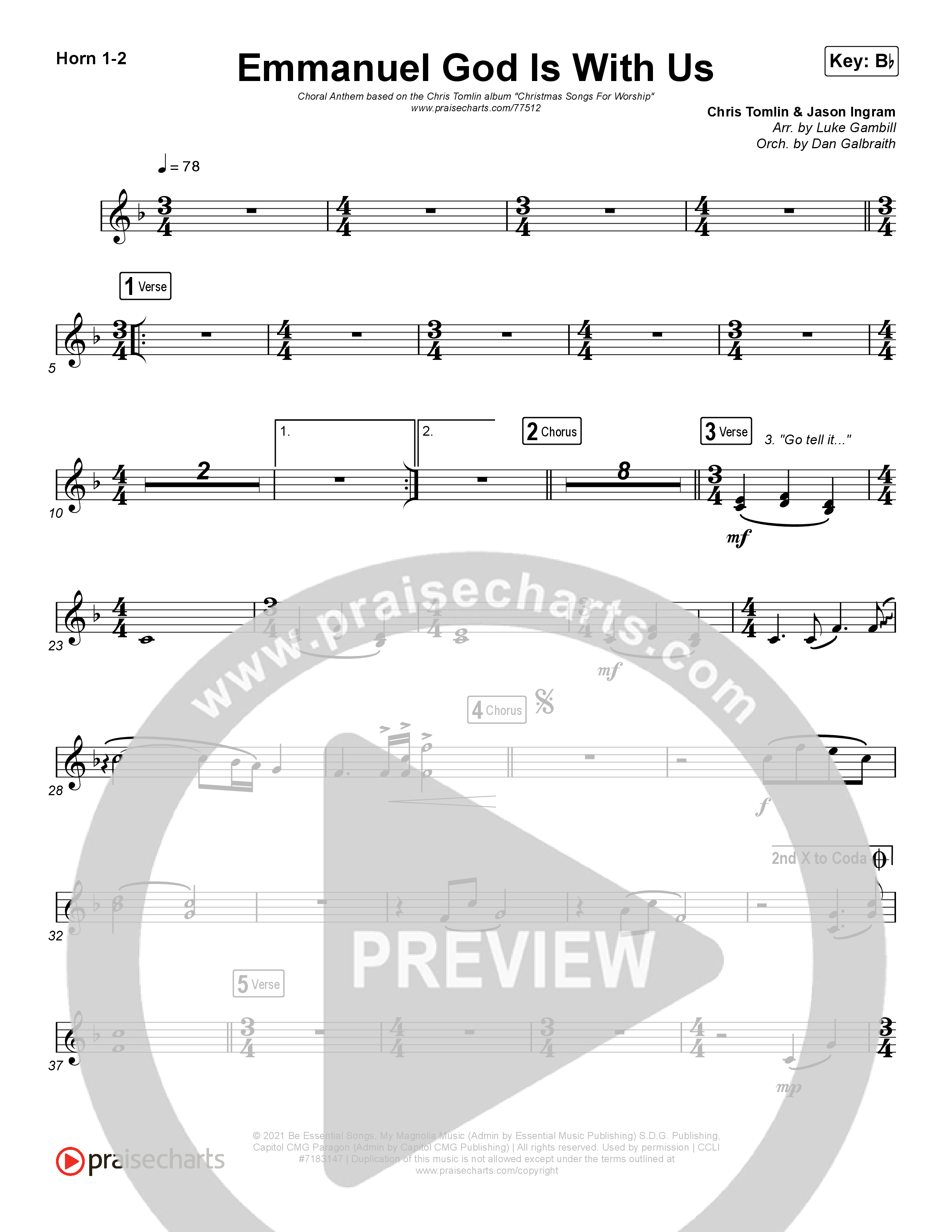 Emmanuel God With Us (Choral Anthem SATB) French Horn 1/2 (Chris Tomlin / Arr. Luke Gambill)