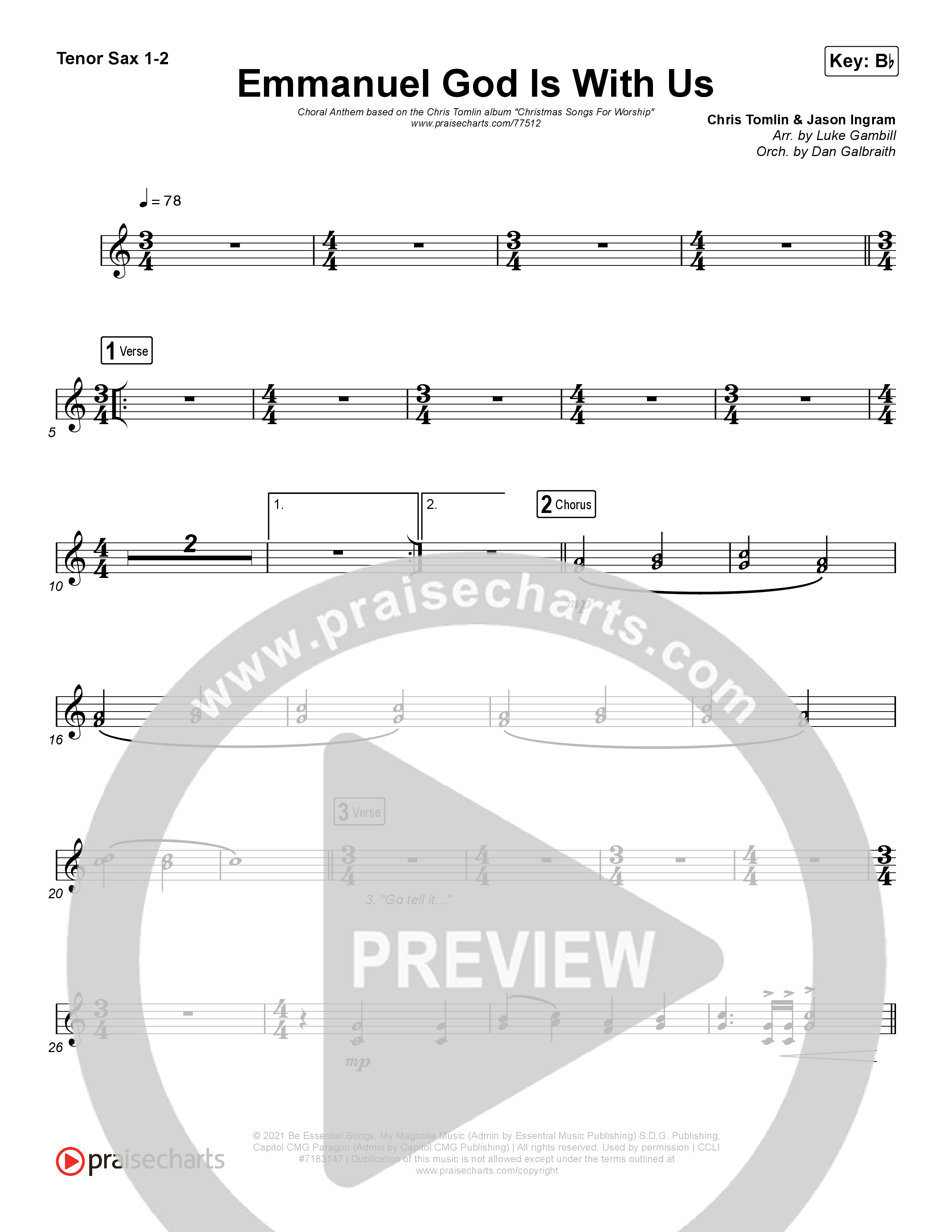 Emmanuel God With Us (Choral Anthem SATB) Tenor Sax 1/2 (Chris Tomlin / Arr. Luke Gambill)
