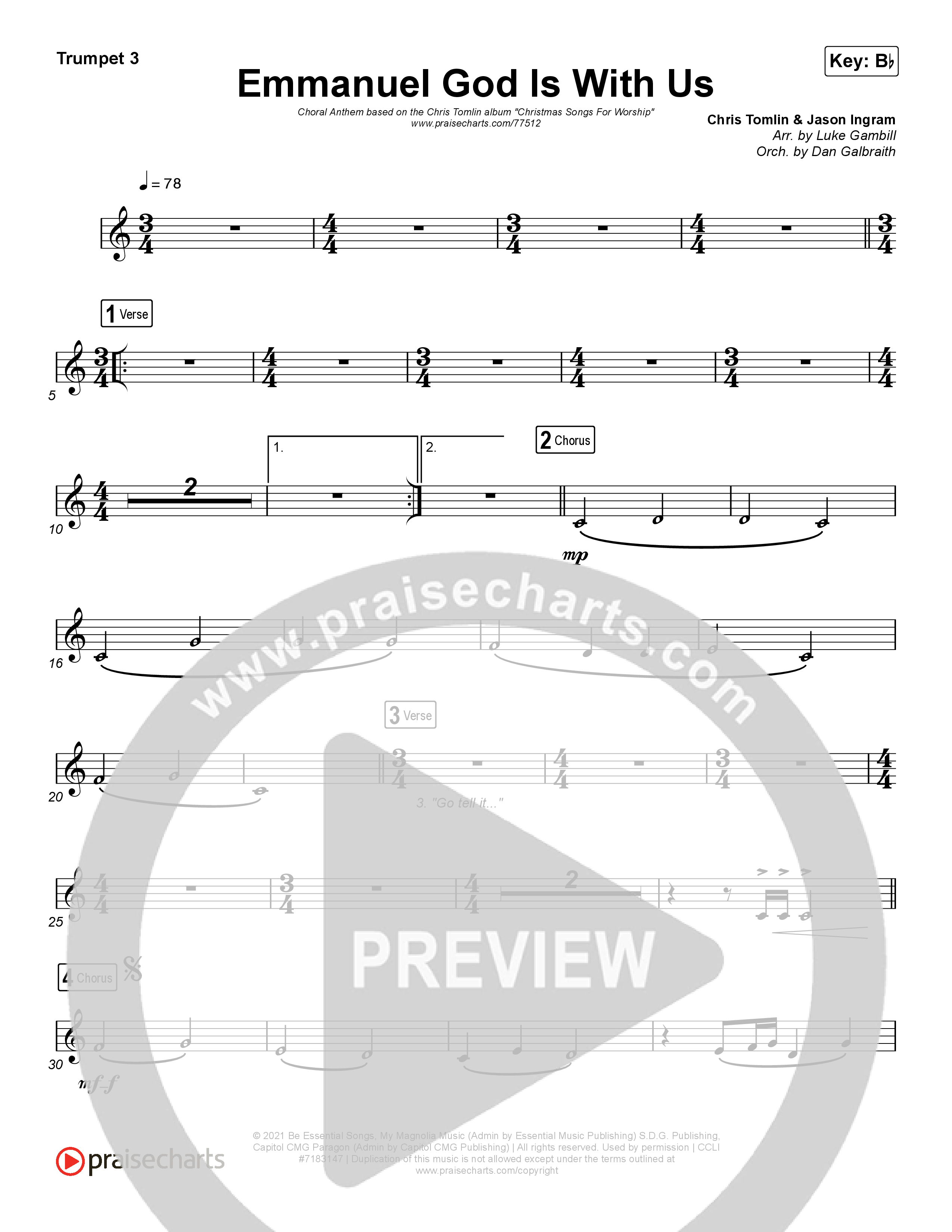 Emmanuel God With Us (Choral Anthem SATB) Trumpet 3 (Chris Tomlin / Arr. Luke Gambill)