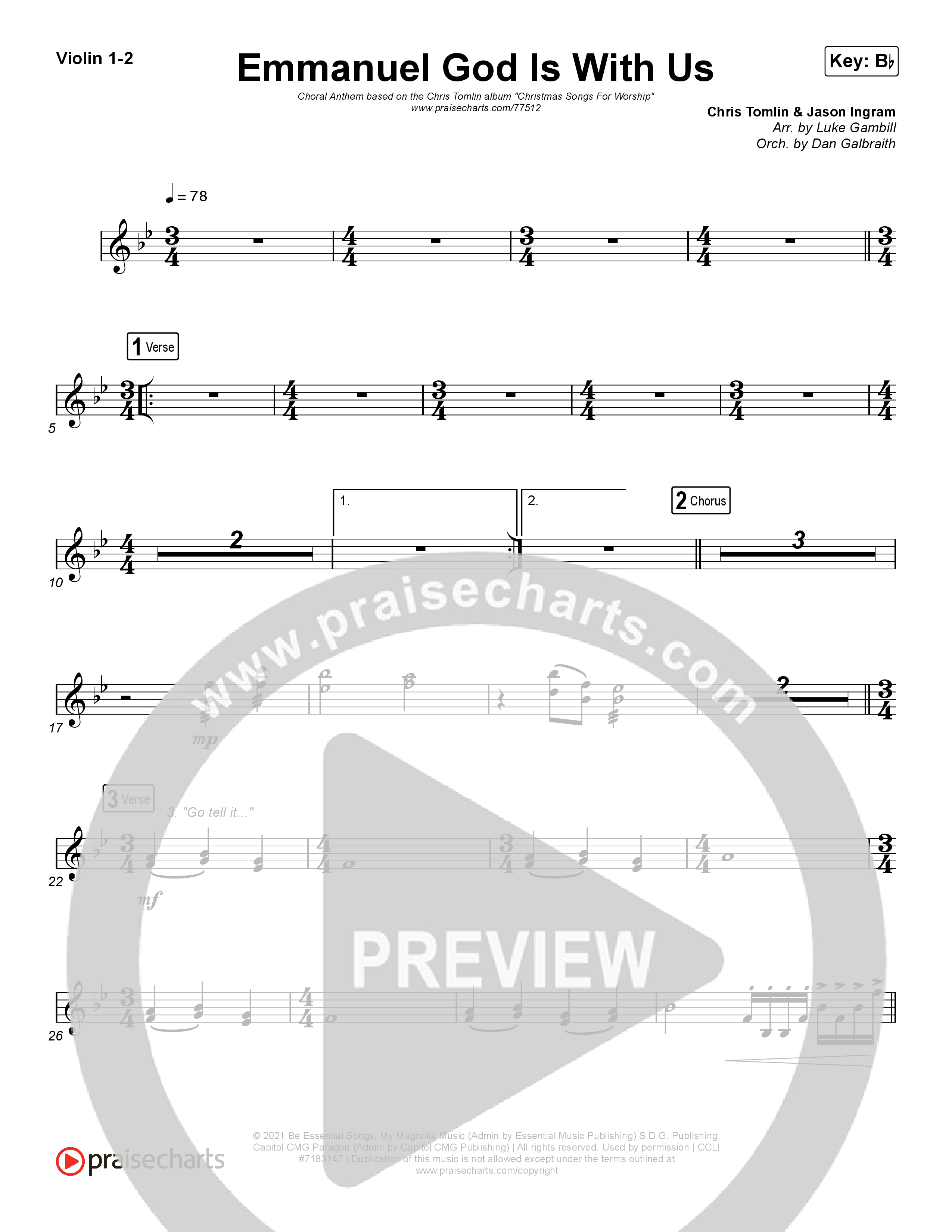 Emmanuel God With Us (Choral Anthem SATB) Violin 1/2 (Chris Tomlin / Arr. Luke Gambill)