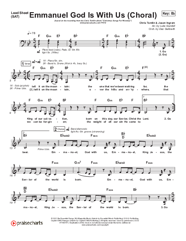 Emmanuel God With Us (Choral Anthem SATB) Lead Sheet (SAT) (Chris Tomlin / Arr. Luke Gambill)