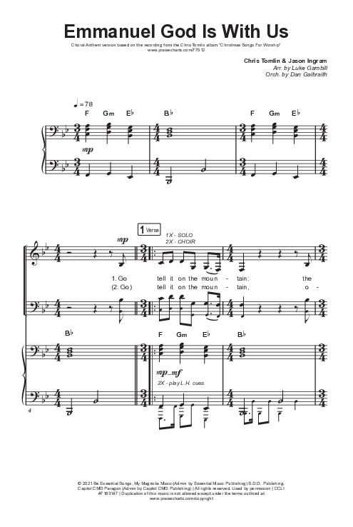 Emmanuel God With Us (Choral Anthem SATB) Octavo (SATB & Pno) (Chris Tomlin / Arr. Luke Gambill)